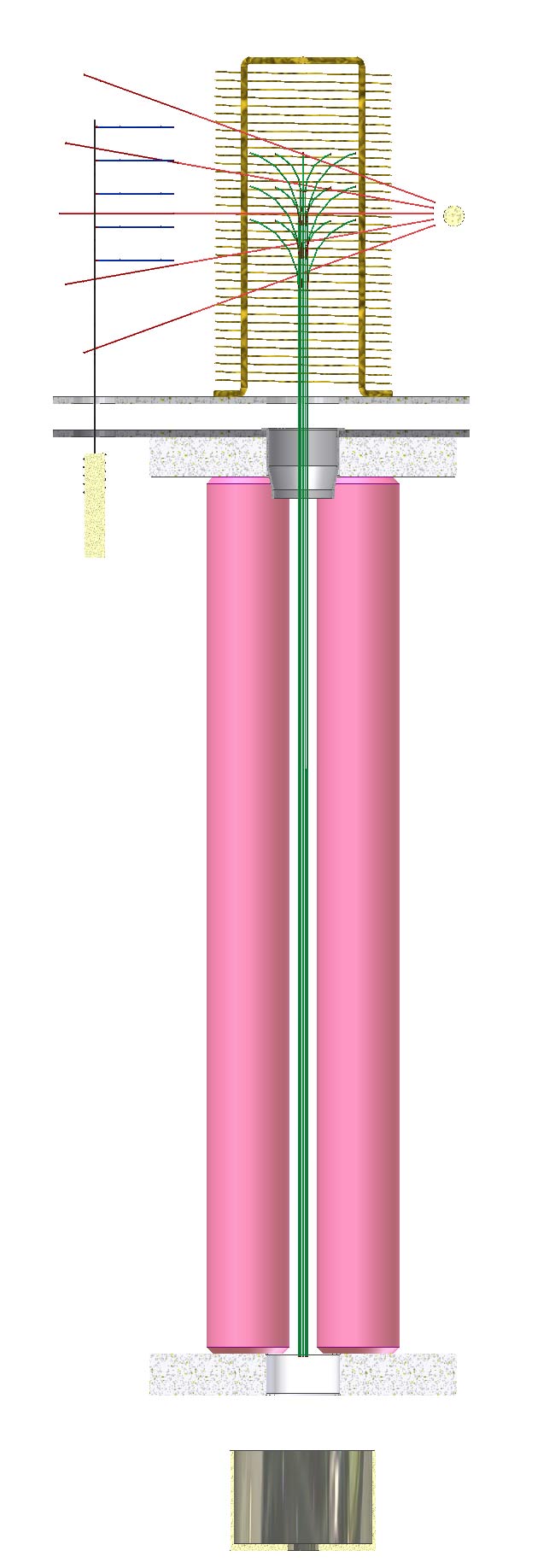 Cutaway view of the ionizer and quadrupole mass filter