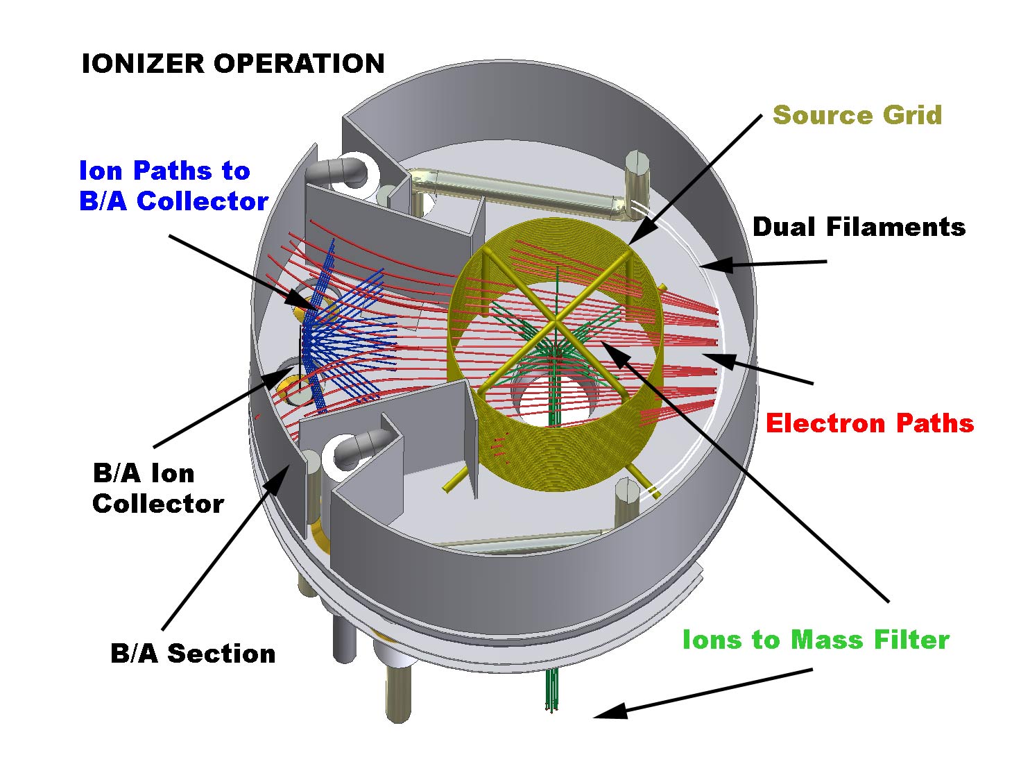 Extorr ionizer with dual filament and the built-in Bayard-Alpert type ion gauge